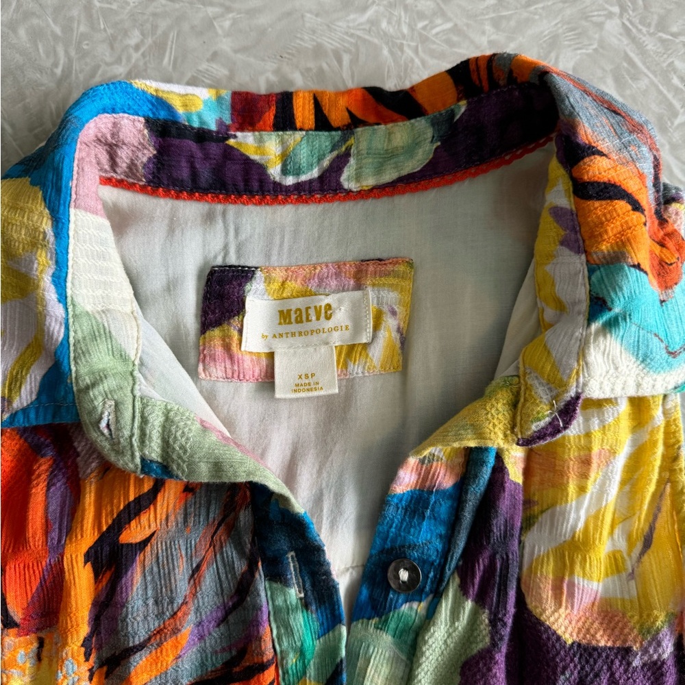 Maeve Anthropologie Zola shirt tunic button up dress floral artsy smocked XSP - Picture 3 of 5